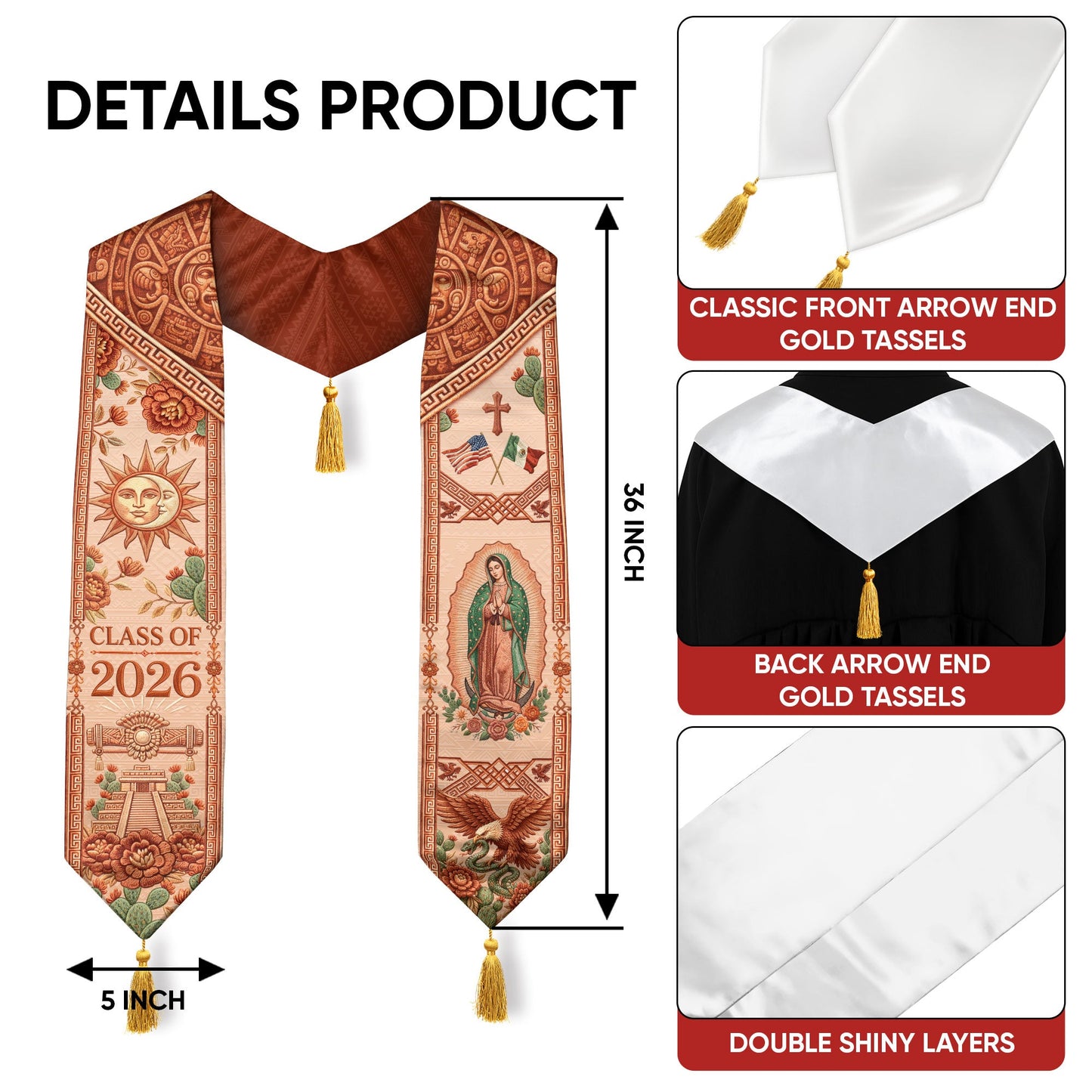 Mexico Graduation Stole Class of 2026 Sun Moon Chichen Itza Guadalupe Tassel Sash