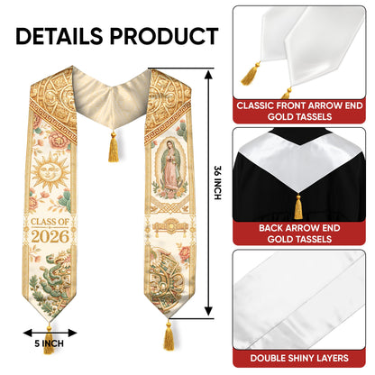 Mexico Graduation Stole Class of 2026 Sun Moon Virgin Guadalupe Floral Tassel Sash