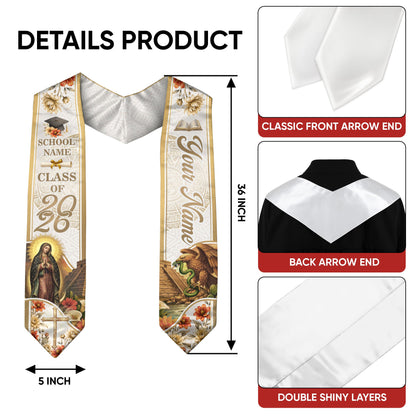 Virgin Mary Graduation Stole 2026 - Personalized Mexican Heritage Guadalupe Gold Sash