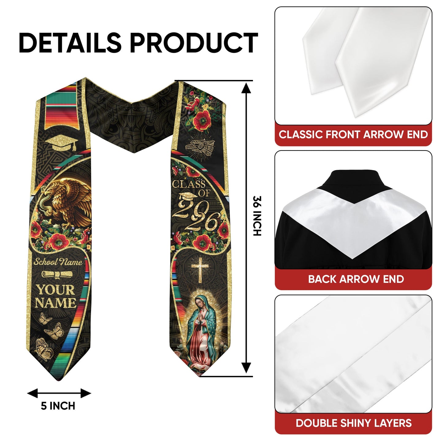 Personalized Mexican Heritage Graduation Stole 2026 Virgin Mary Serape Butterfly Gold Sash