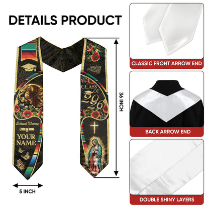 Personalized Mexican Heritage Graduation Stole 2026 Virgin Mary Serape Butterfly Gold Sash