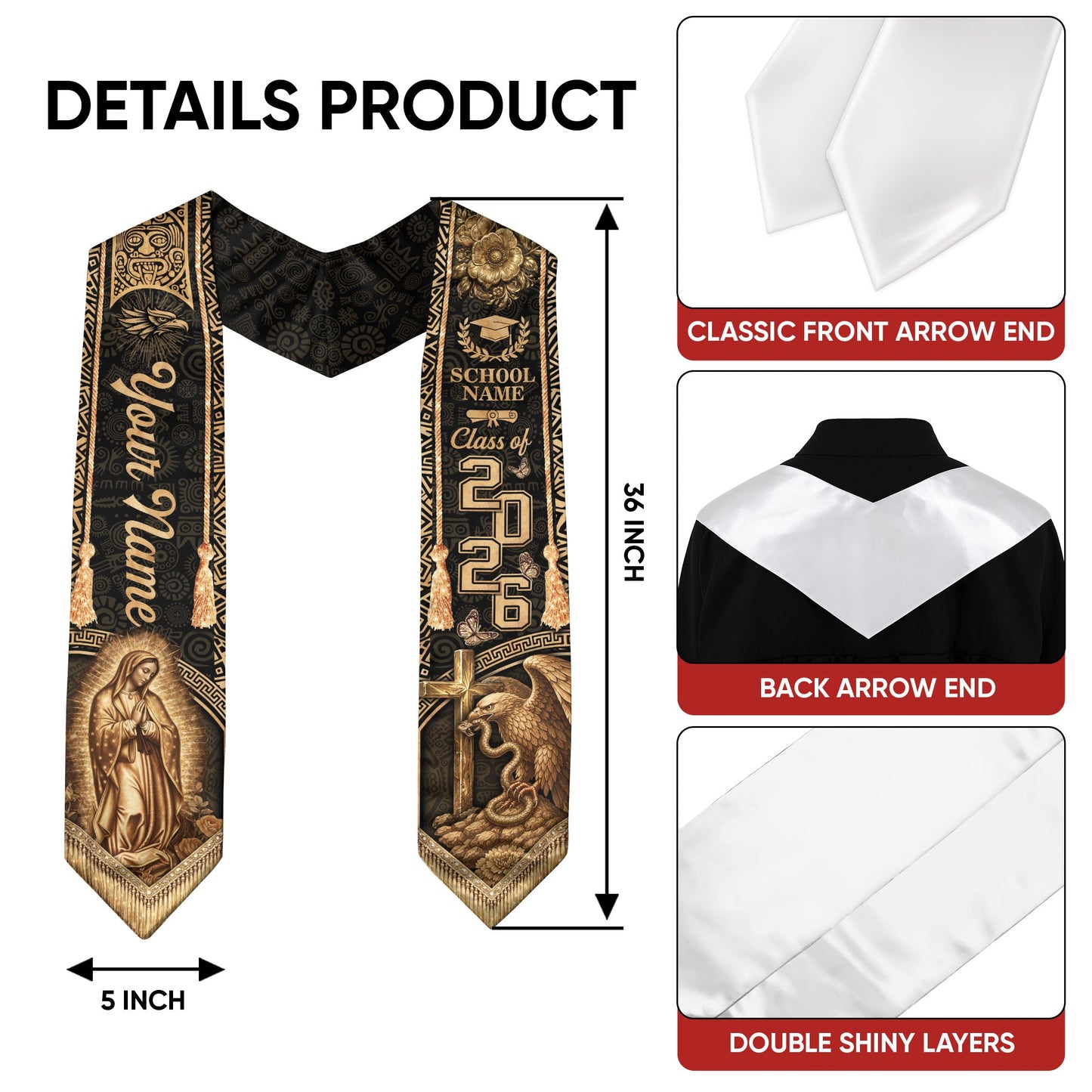 Vintage Gold Mexico Graduation Stole 2026 Virgin Mary Eagle Personalized Heritage Sash
