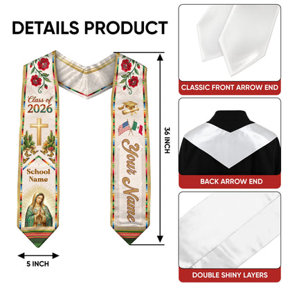 Mexican Heritage Graduation Stole 2026 - Custom Name School Virgin Mary Cross Floral Sash