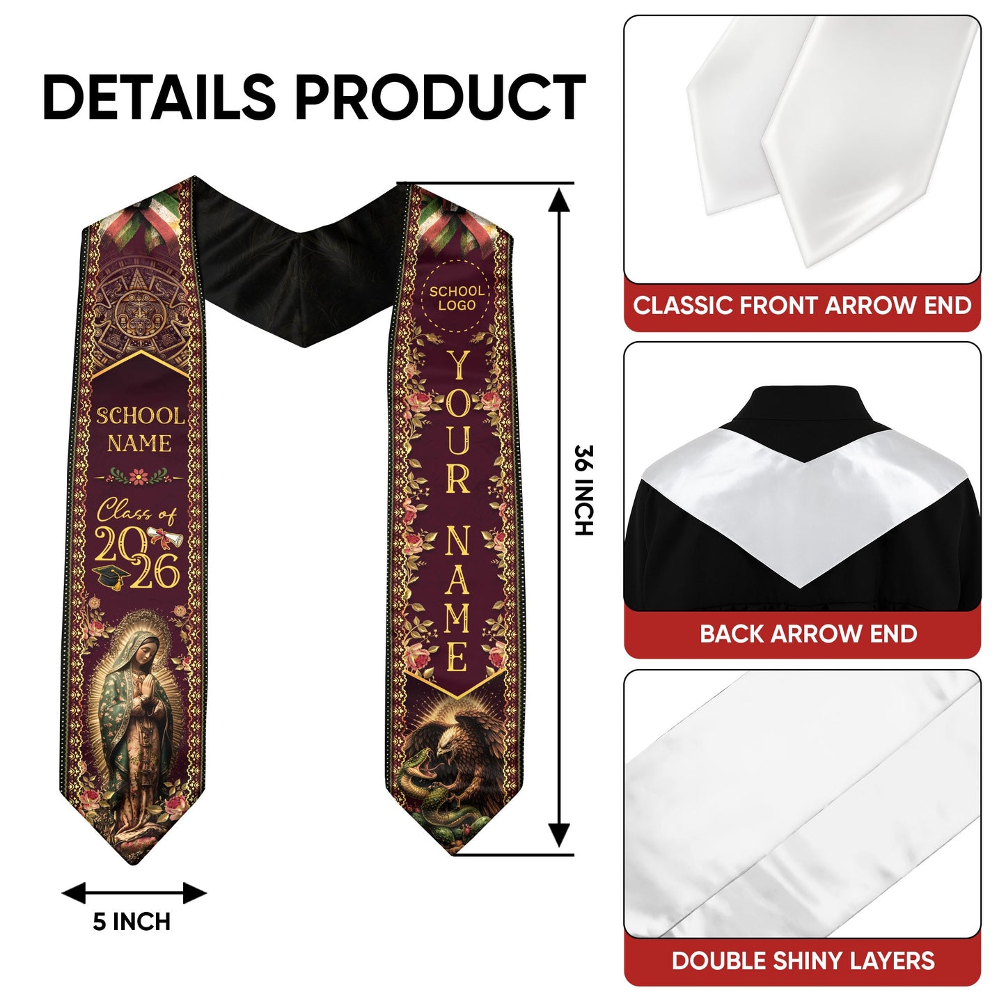 Mexico Graduation Stole 2026 Virgin Mary Burgundy Gold Personalized Heritage Sash