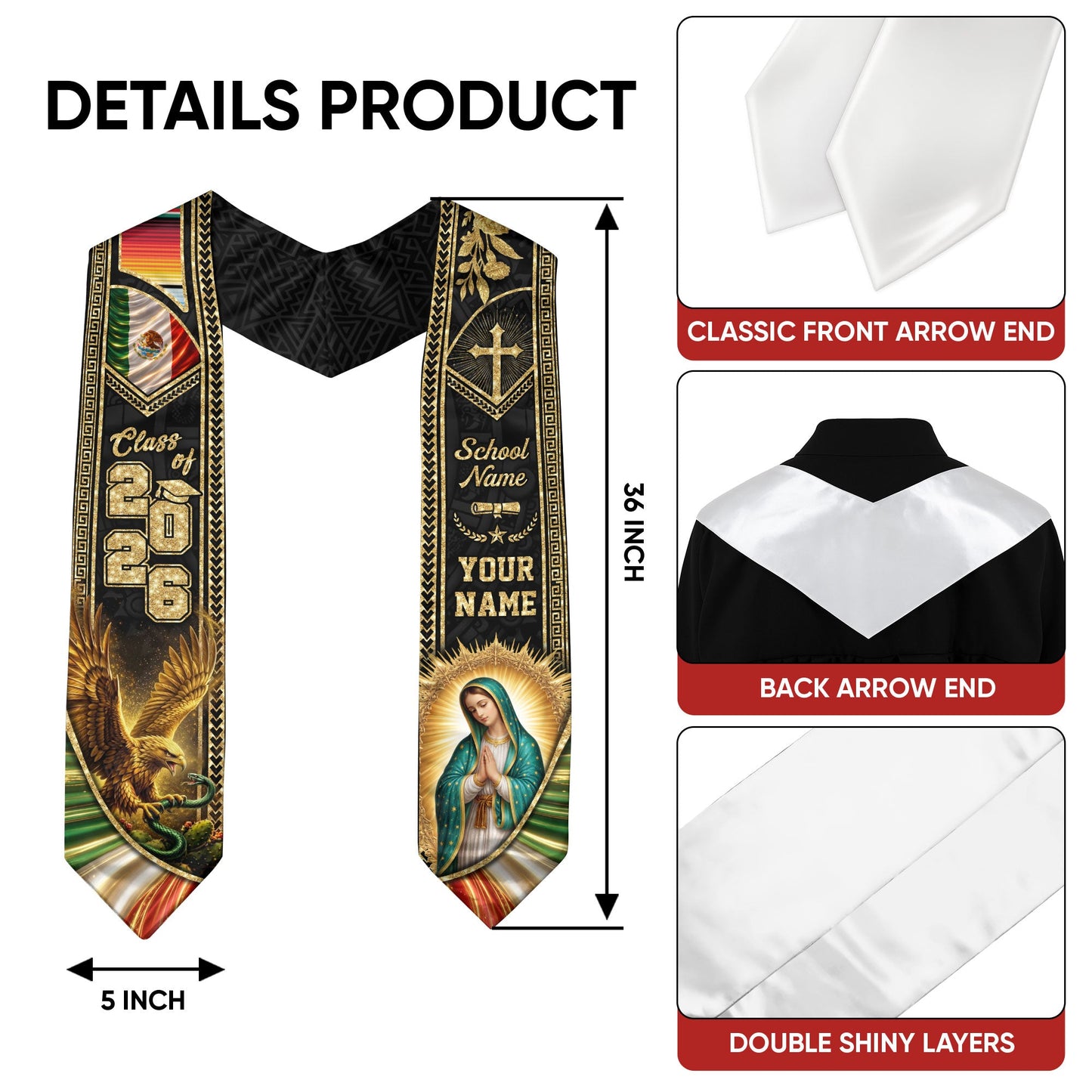 Mexico Graduation Stole 2026 Virgin Mary Eagle Personalized Mexican Heritage Sash