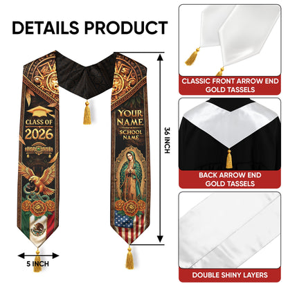Mexico USA Graduation Stole 2026 Tassels Virgin Mary Eagle Personalized Gold Sash