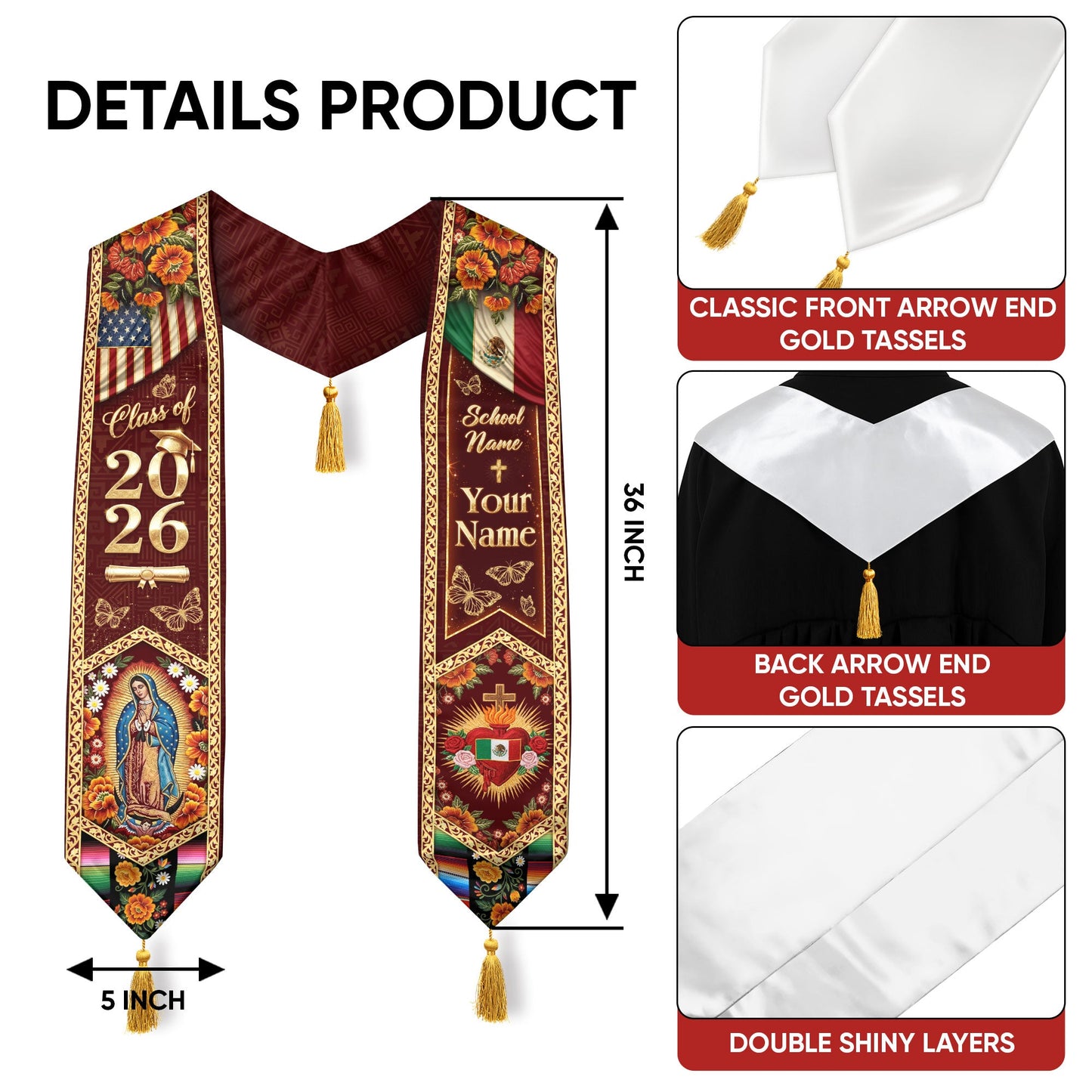 Mexico USA Graduation Stole 2026 Tassels Virgin Mary Burgundy Personalized Heritage Sash
