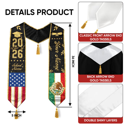 Personalized Mexico USA Golden Tassels Edition Class of 2026 Graduation Stole
