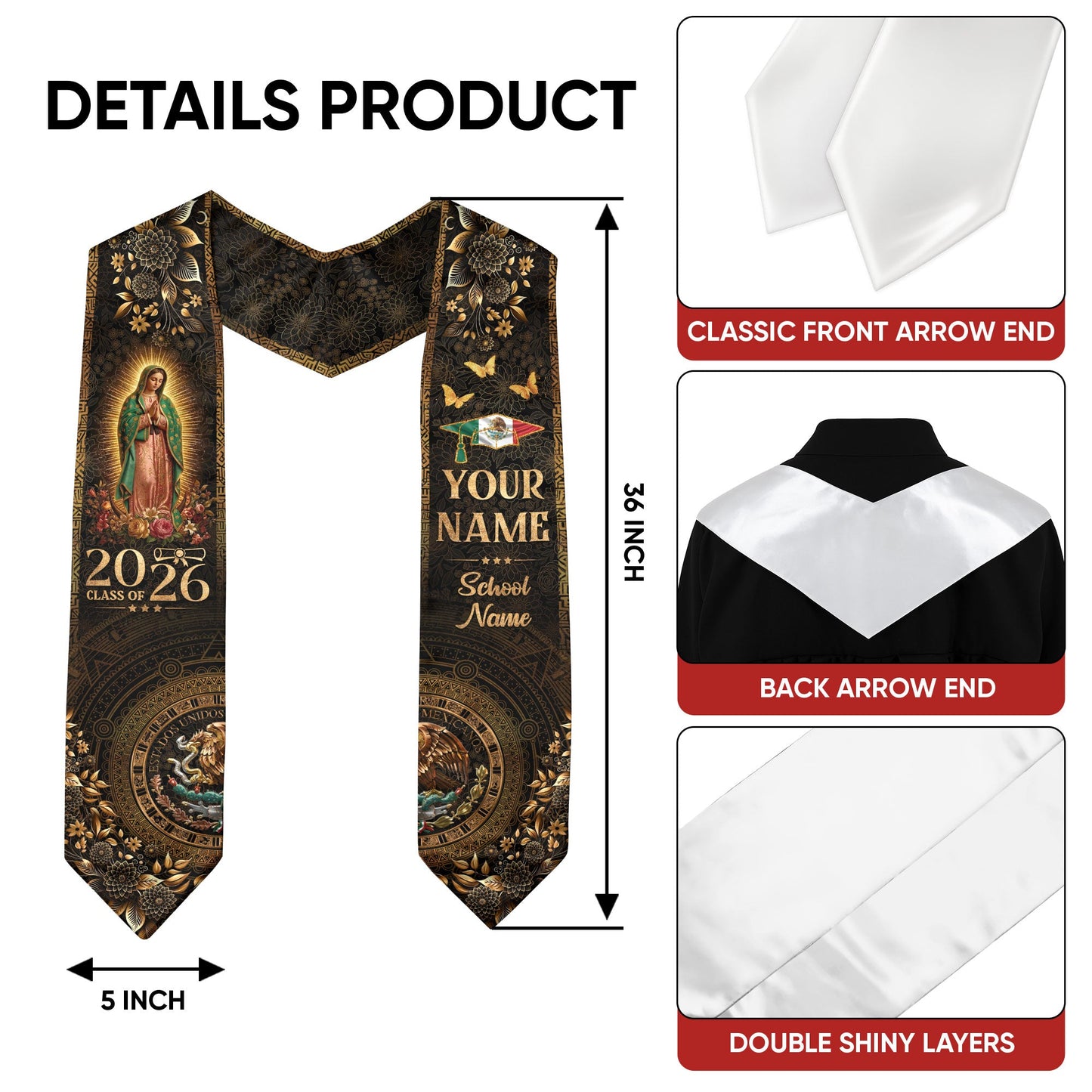 Mexico Graduation Stole 2026 Virgen De Guadalupe Personalized Grad Sash