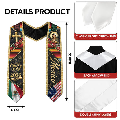 Mexico Stole Graduation 2026 Virgin Mary Cross Gold Glitter Mexican USA Flag Serape