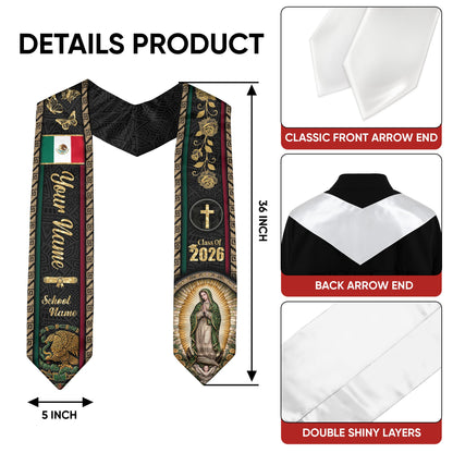Mexico Graduation Stole 2026 - Personalized Virgin Mary Rose Butterfly Gold Sash