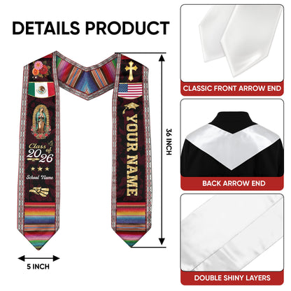 Mexico USA Flag Graduation Stole 2026 Custom Burgundy Guadalupe Mexican Sash