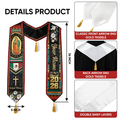 Custom White Floral Mexico Graduation Stole Tassel Class of 2026 Virgin Mary Sash Gift