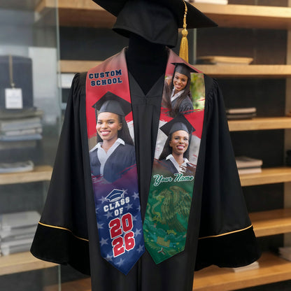Custom Mexican Graduation Stole 2026 Mexico USA Flag Photo Graduation Sash