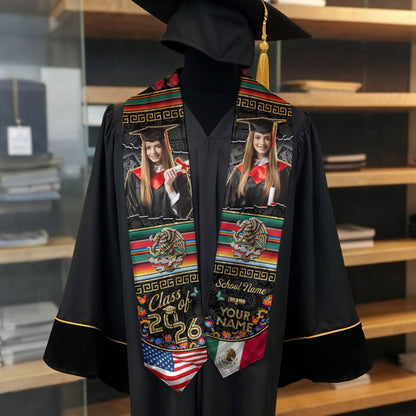 Custom Photo Mexican Graduation Stole 2026 Aztec Eagle & USA Flag Graduation Sash Mexican
