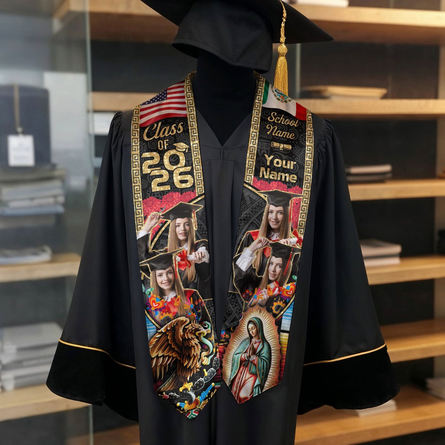 Custom Photo Mexican Stoles for Graduation 2026 Aztec Eagle & Virgin Mary USA Flag Sash