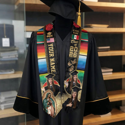 Graduation Stole Mexican with Aztec Patterns Serape USA & Mexico Flag Custom Photo Sash 2026