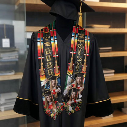 Custom Mexican Graduation Sash 2026 Aztec Patterns Serape Rose USA Mexico Flag Photo