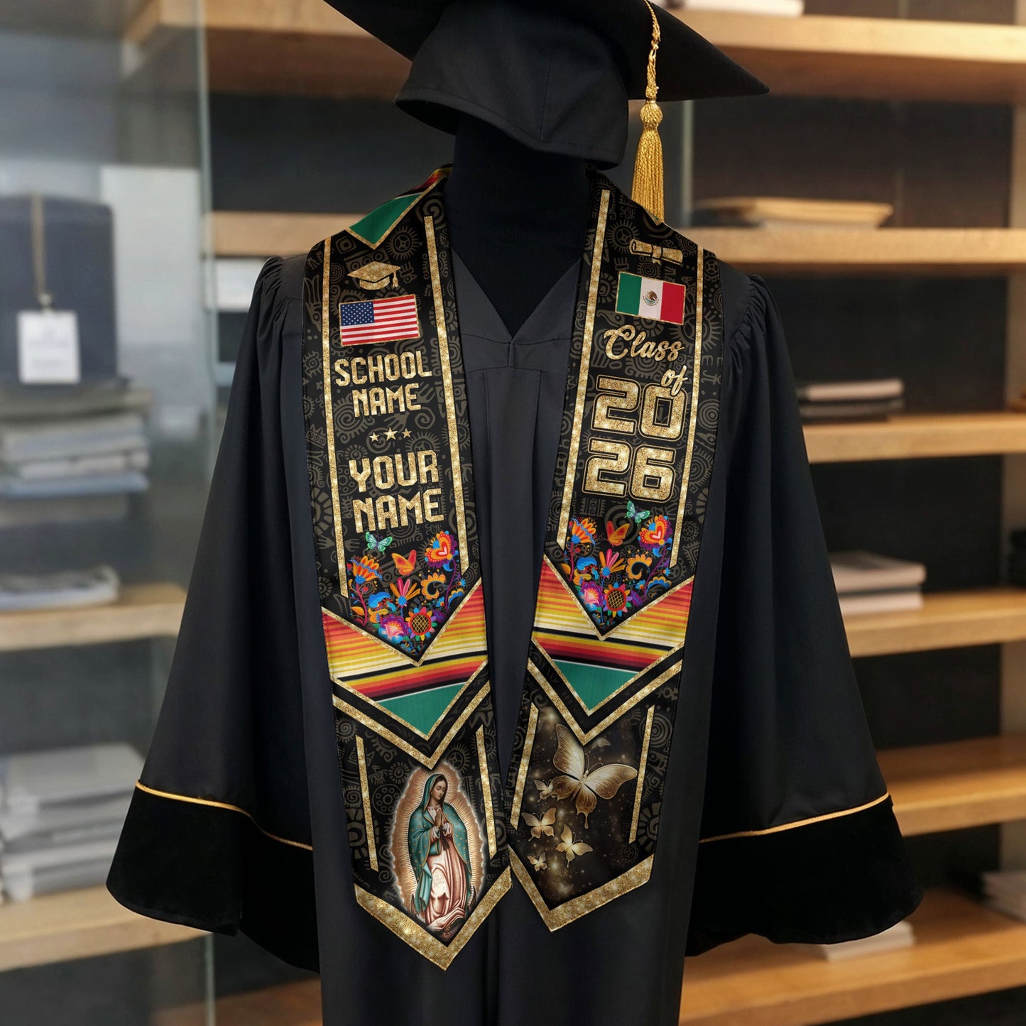 Custom Virgen de Guadalupe 2026 Graduation Stole – Personalized Mexican Heritage Class Sash