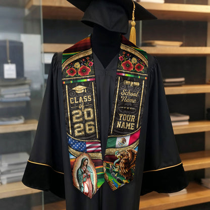 Virgen de Guadalupe 2026 Graduation Stole – Personalized USA & Mexico Heritage Senior Sash with Eagle & Serape Design