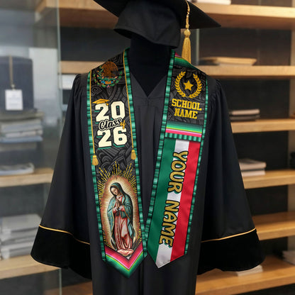 Custom Class of 2026 Virgen de Guadalupe Graduation Stole – Personalized USA Mexico Heritage Senior Sash