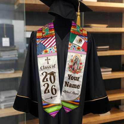 Custom Mexican Graduation Stole Mexico Sash Virgin Mary Cross Aztec Floral USA Flag 2026