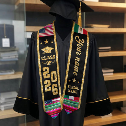 Mexican Graduation Stole Custom Name Mexico USA Flag Serape Gold Glitter Class 2026