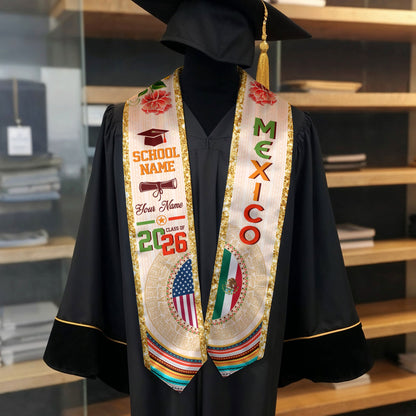 Mexican Graduation Stole Custom Name Mexico USA Flag Aztec Rose Class 2026