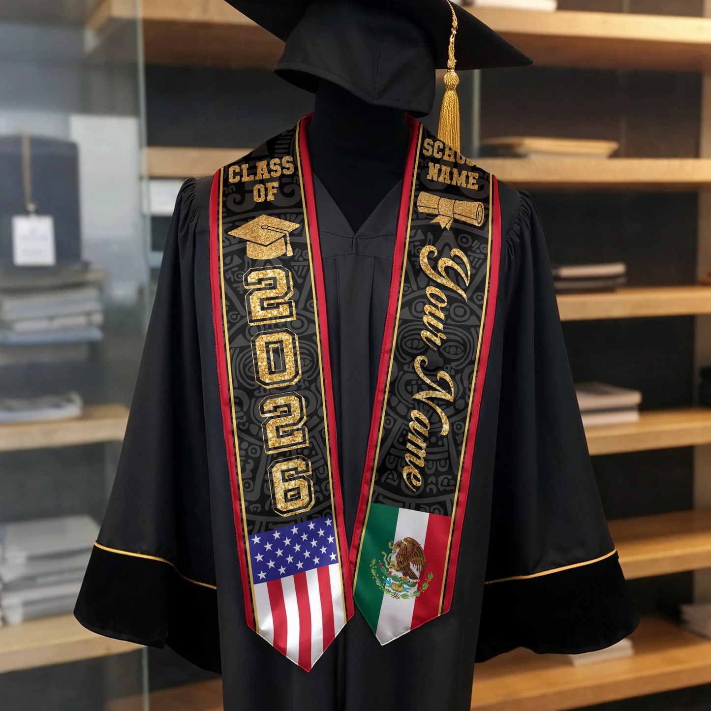 Mexican Graduation Stole Custom Name Mexico Sash Aztec Gold Glitter USA Flag 2026