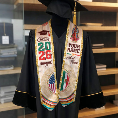 Custom Mexican Graduation Stole Aztec Calendar Virgin Mary USA Mexico Flag 2026