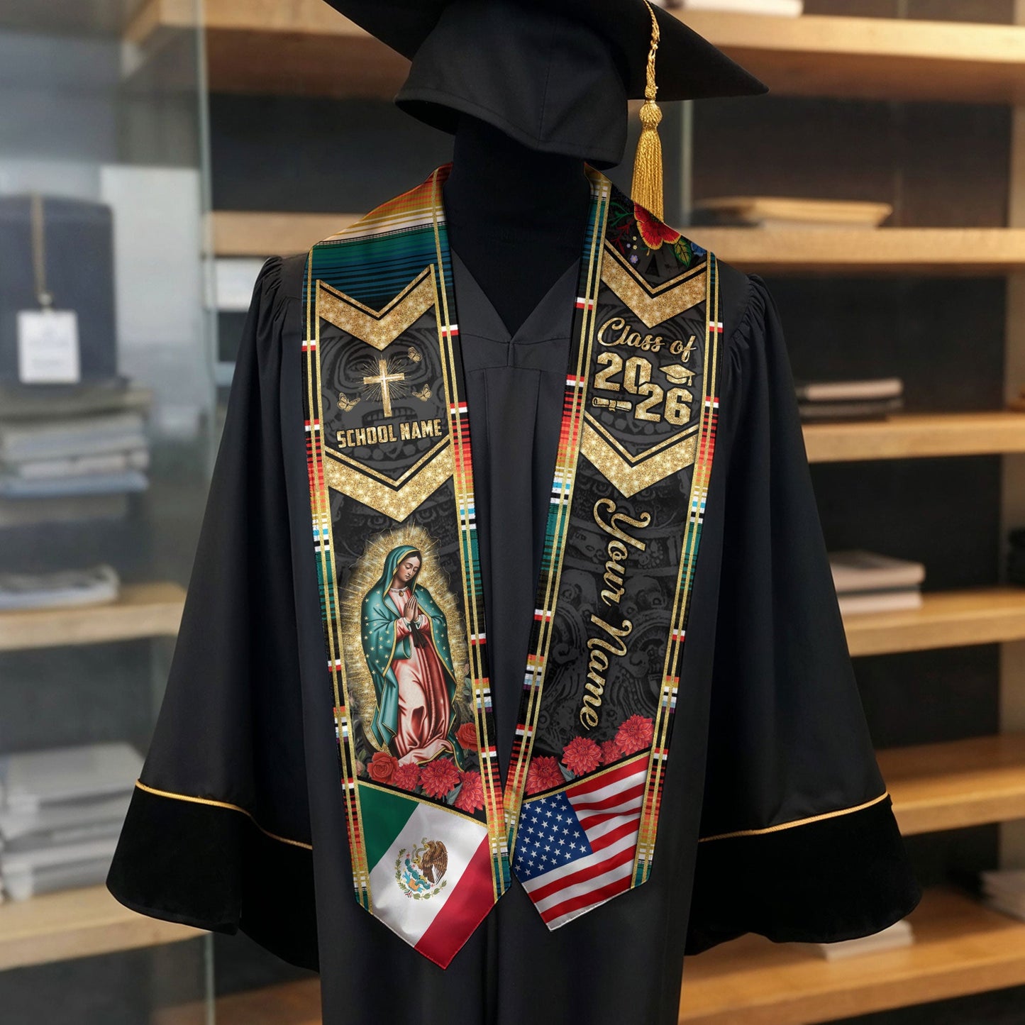 Custom Mexican Graduation Stole 2026 Virgin Mary Cross USA Flag Aztec Patterns Sash