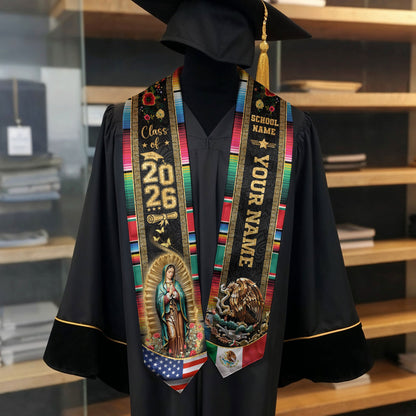 Mexican Graduation Stole Aztec Pattern Eagle Virgin Mary Flag Custom Sash 2026