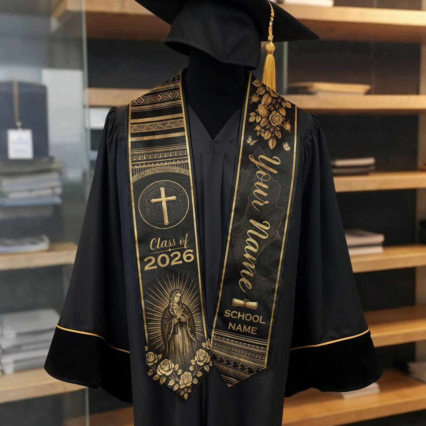 Mexican Graduation Stole Aztec Pattern Cross Virgin Mary Gold Rose Custom Sash 2026