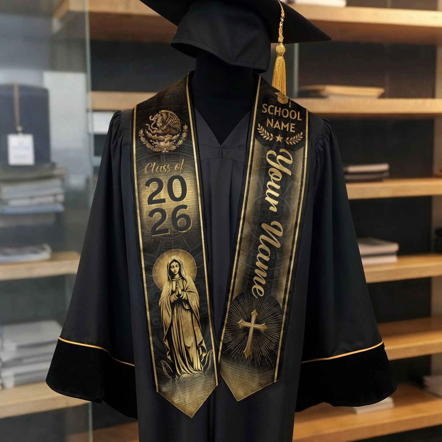 Mexican Graduation Stole Aztec Eagle Virgin Mary Cross Gold Custom Sash 2026