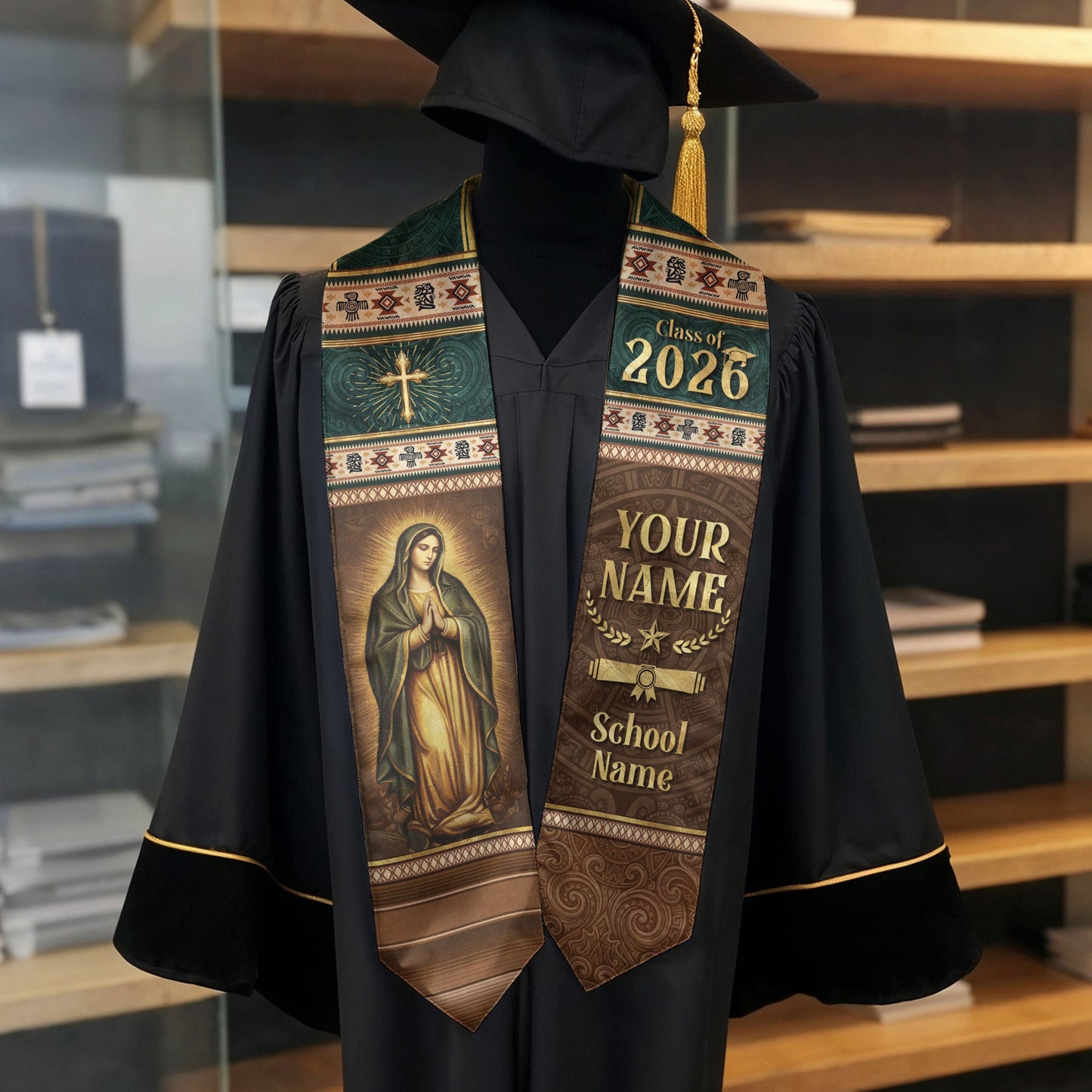 Mexican Graduation Stole Aztec Pattern Virgin Mary Cross Tribal Custom Sash 2026