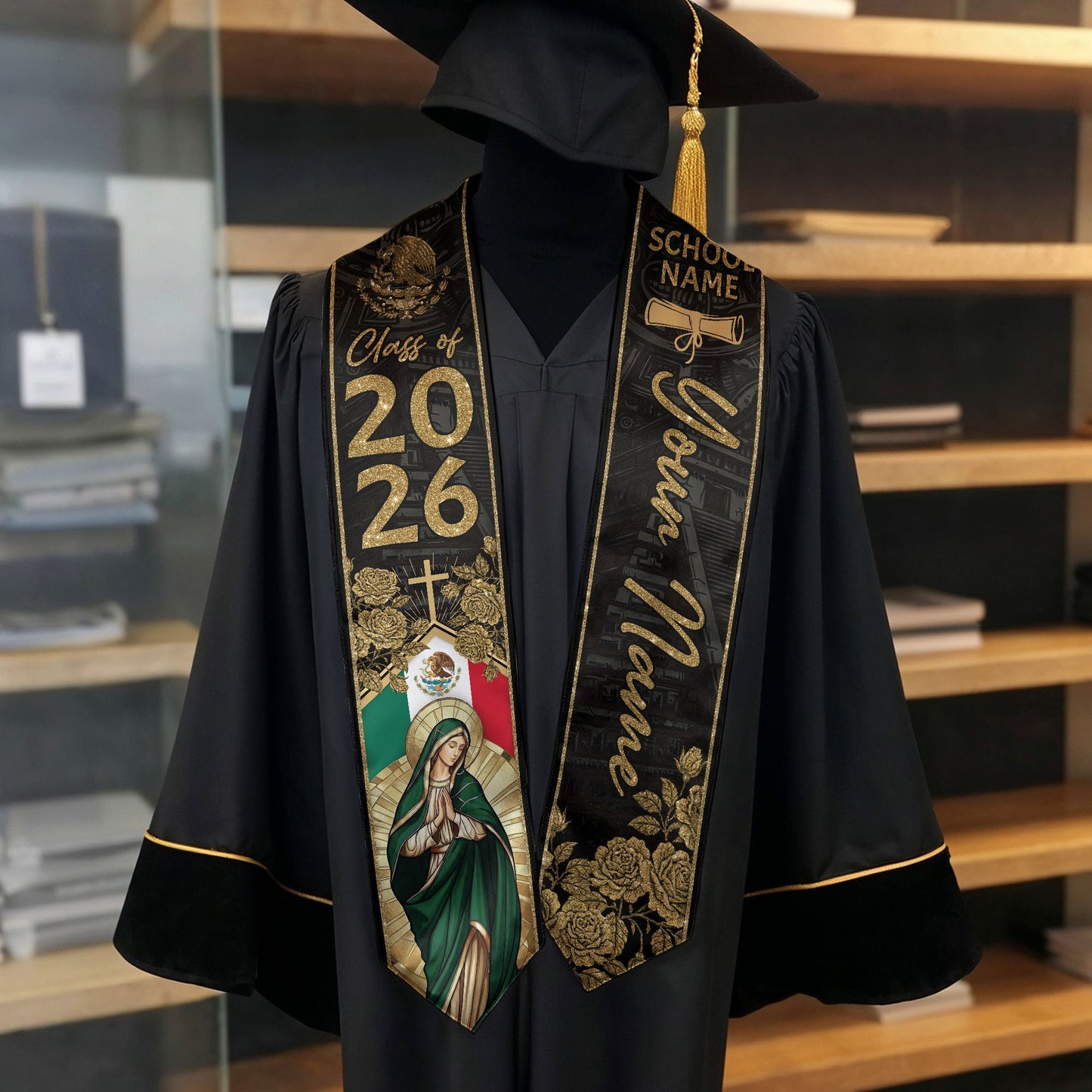 Mexican Graduation Stole Aztec Eagle Virgin Mary Rose Flag Custom Sash 2026