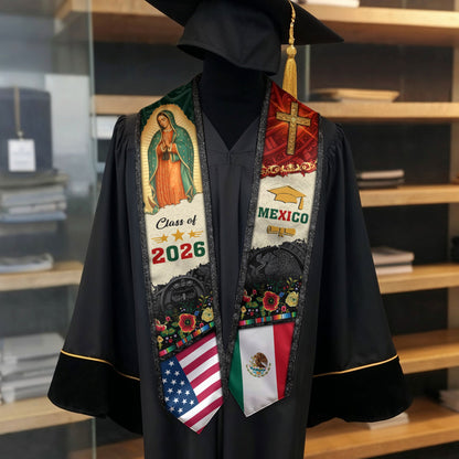 Mexican Graduation Stole Mexico USA Flag Aztec Virgin Mary Cross Eagle 2026