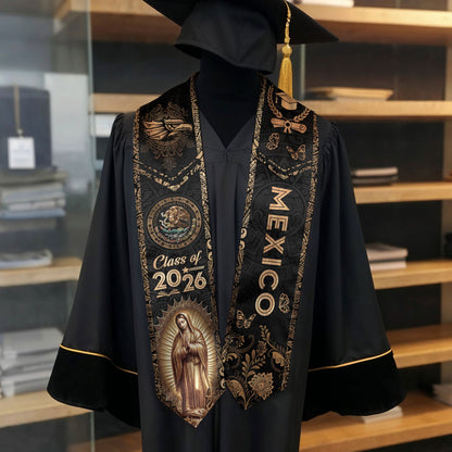 Mexican Graduation Stole Mexico Sash Aztec Eagle Virgin Mary Gold 2026