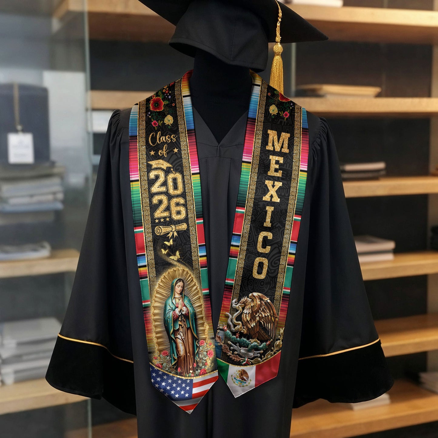 Mexican Graduation Stole Mexico USA Flag Aztec Eagle Virgin Mary Serape 2026