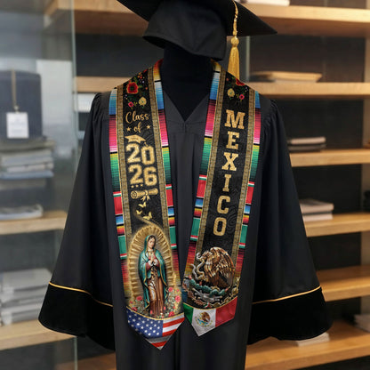 Mexican Graduation Stole Mexico USA Flag Aztec Eagle Virgin Mary Serape 2026