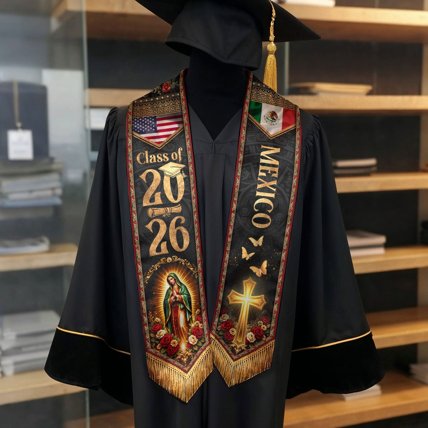 Virgen de Guadalupe Mexican American Graduation Stole Class of 2026 Sash
