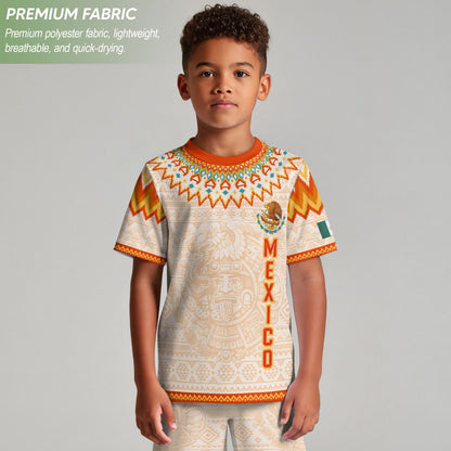Beige Mexico Soccer Jersey Kids Set Aztec Calendar Mexican Youth Football Shirt Shorts