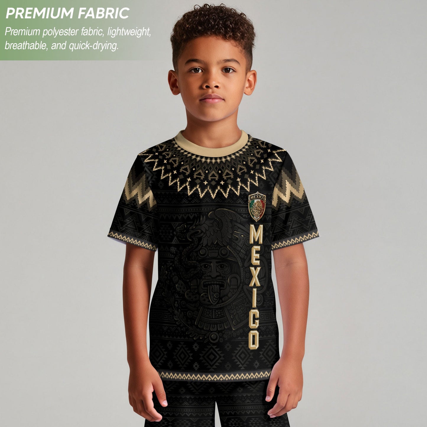 Mexico Soccer Jersey Kids Set Black Gold Aztec Calendar Youth Football Shirt Shorts