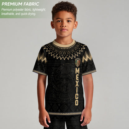 Mexico Soccer Jersey Kids Set Black Gold Aztec Calendar Youth Football Shirt Shorts