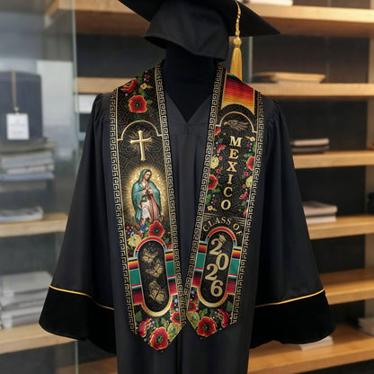 Mexican Graduation Stole Class of 2026 Aztec Cross Virgin Mary Butterfly Floral Mexico Sash