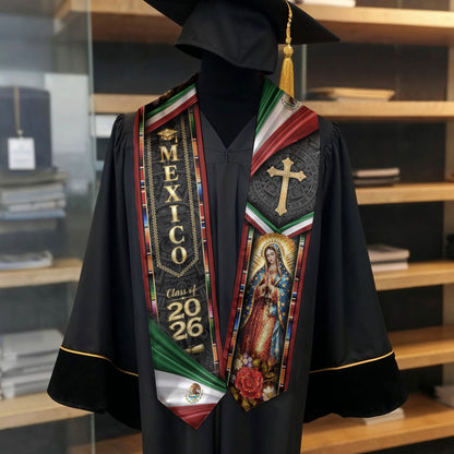 Mexican Graduation Stole Class of 2026 Aztec Virgin Mary Cross Mexico Flag Serape Sash