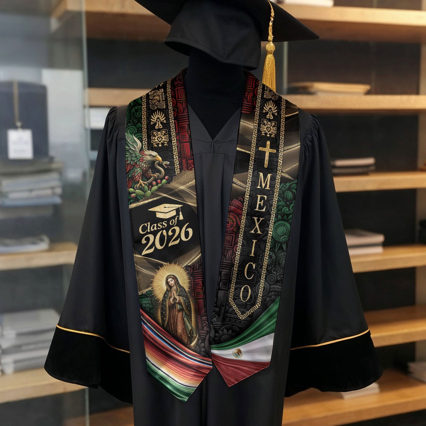 Mexican Graduation Stole Class of 2026 Aztec Eagle Virgin Mary Cross Mexico Flag Serape Sash
