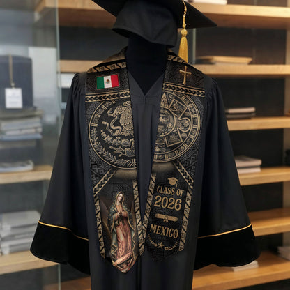 Mexican Graduation Stole 2026, Luxury Black Gold Aztec & Our Lady of Guadalupe