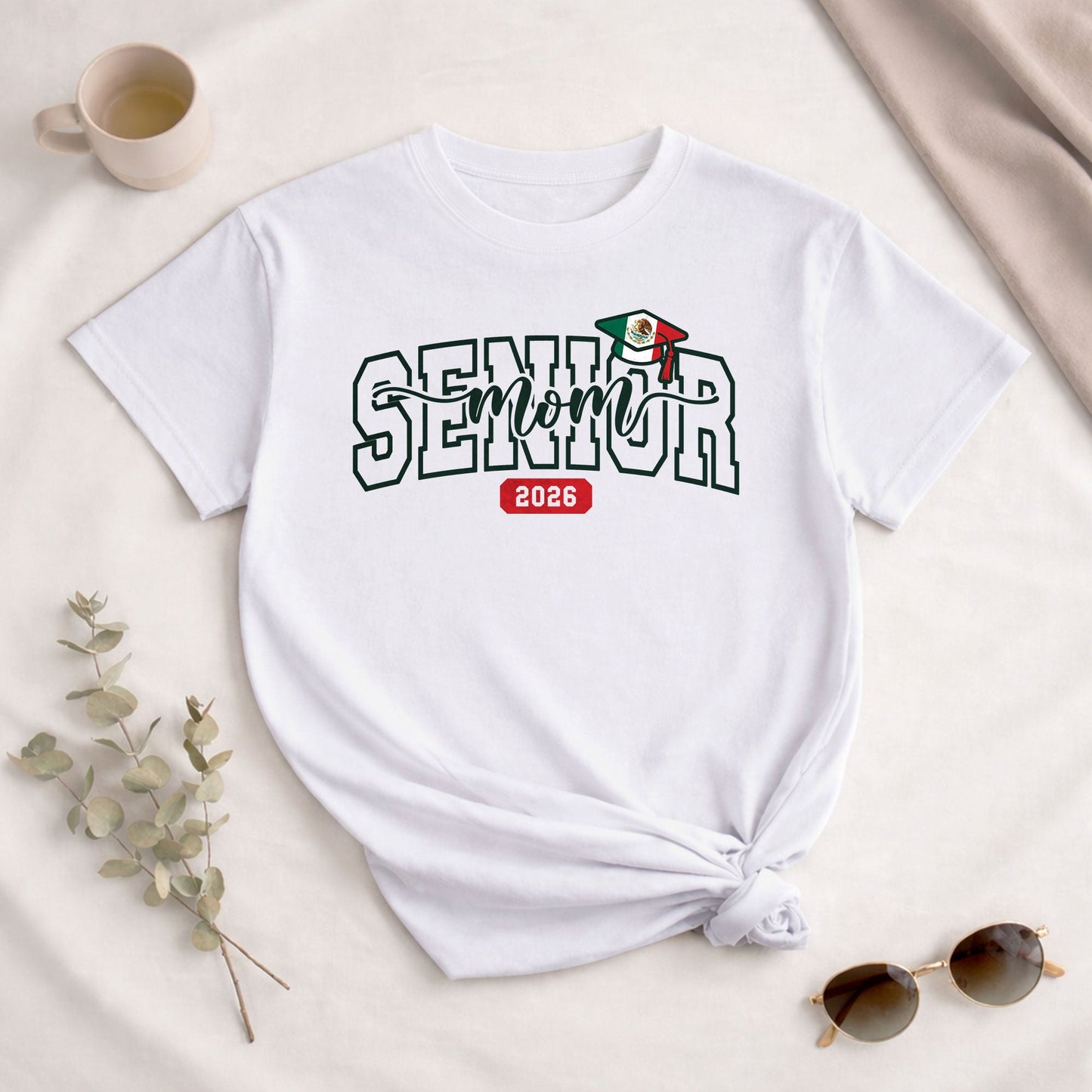 Senior Family 2026 T-Shirt White with Mexico Flag Graduation Cap - Class of 2026 Tee