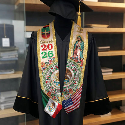 Mexico Graduation Stole Class of 2026 – Virgen De Guadalupe Mexican Flag Sash